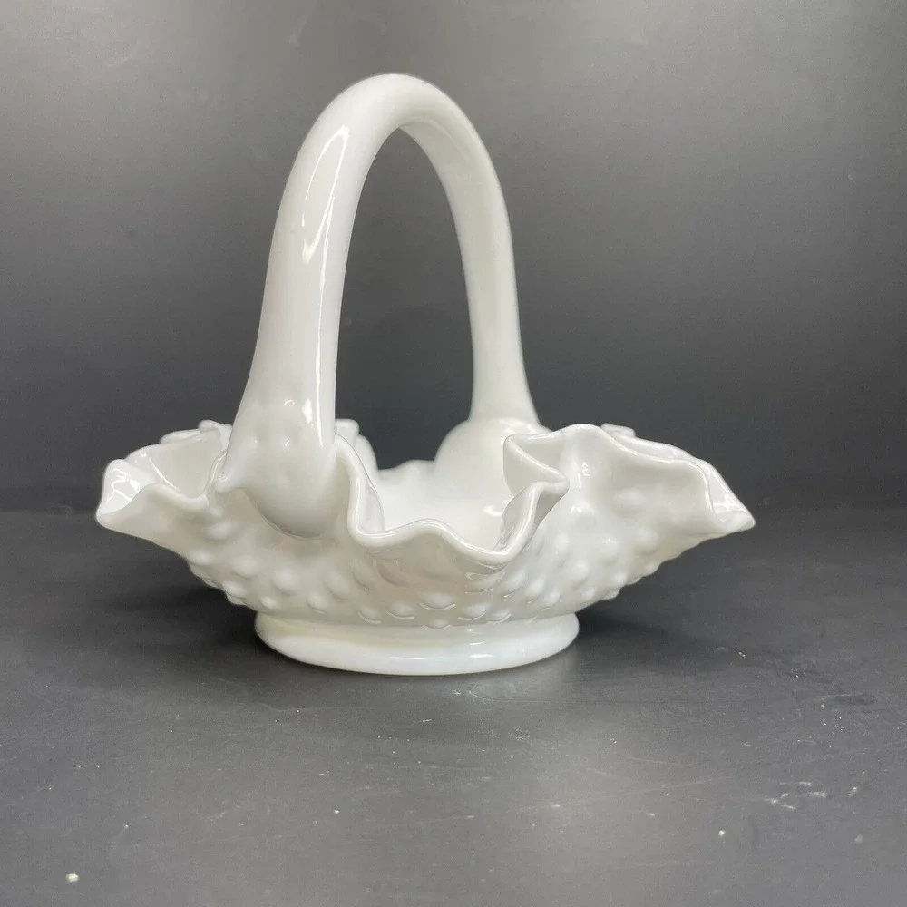 Vintage Fenton Ruffle Hobnail White Milk Glass Basket With Applied Handle‎